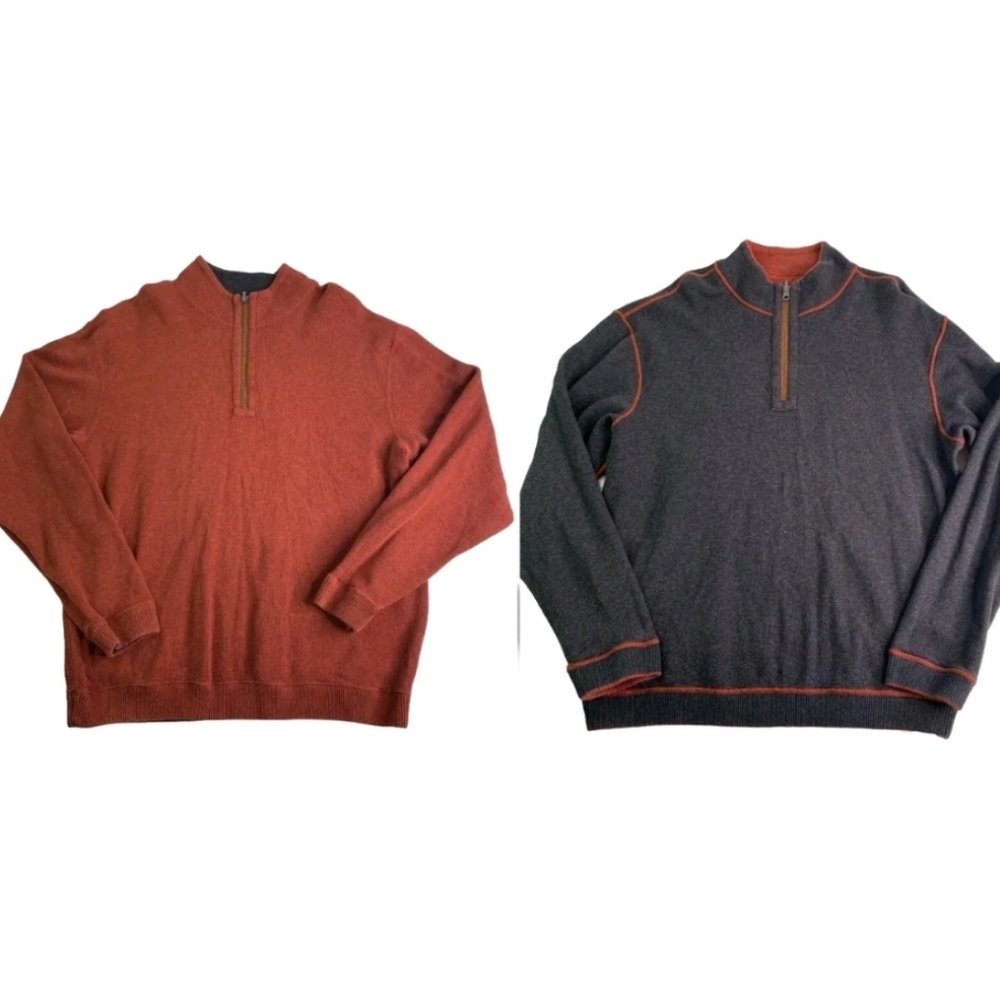 Cremieux Mens Reversible Jacket Sweater Orange & Grey 1/4 Zip Size Large